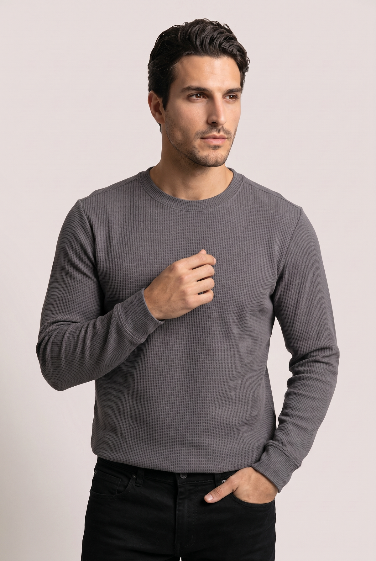 Sıfır Yaka Basic Waffle Sweatshirt (6210)